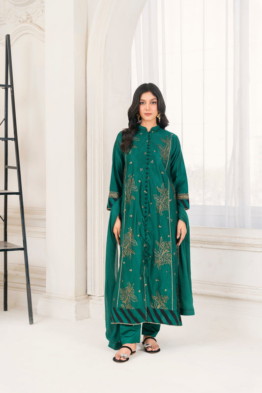 3 Piece Stitched Embroidered Silk Cotton | 3389-KH-SKTN