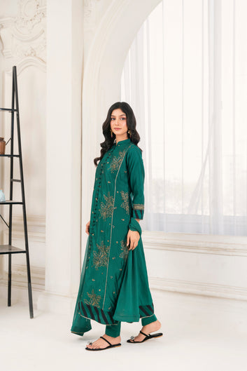 3 Piece Stitched Embroidered Silk Cotton | 3389-KH-SKTN