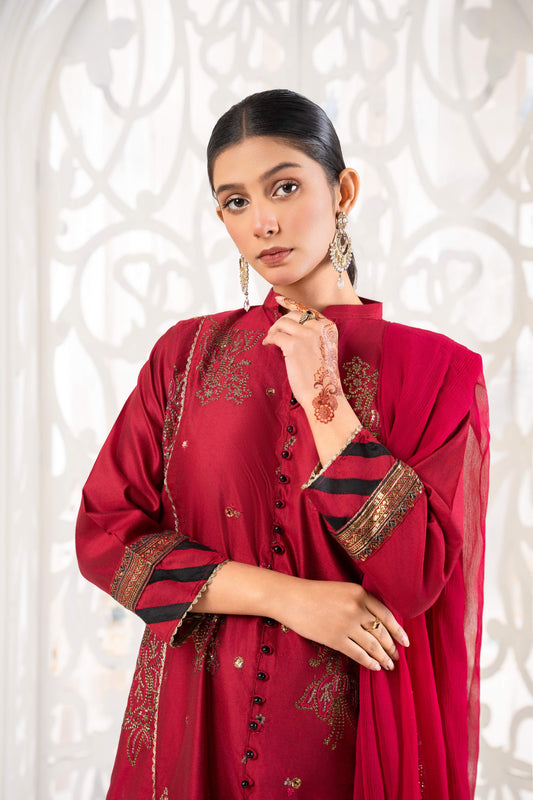 3 Piece Stitched Embroidered Silk Cotton | 3389-KH-SKTN